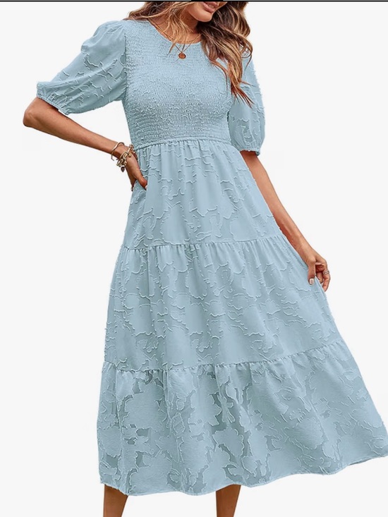 Merokeety Dresses & Skirts - NWT MEROKEETY Lt Blue Floral Textured Tiered Midi Dress Short Sleeve Smocked LG